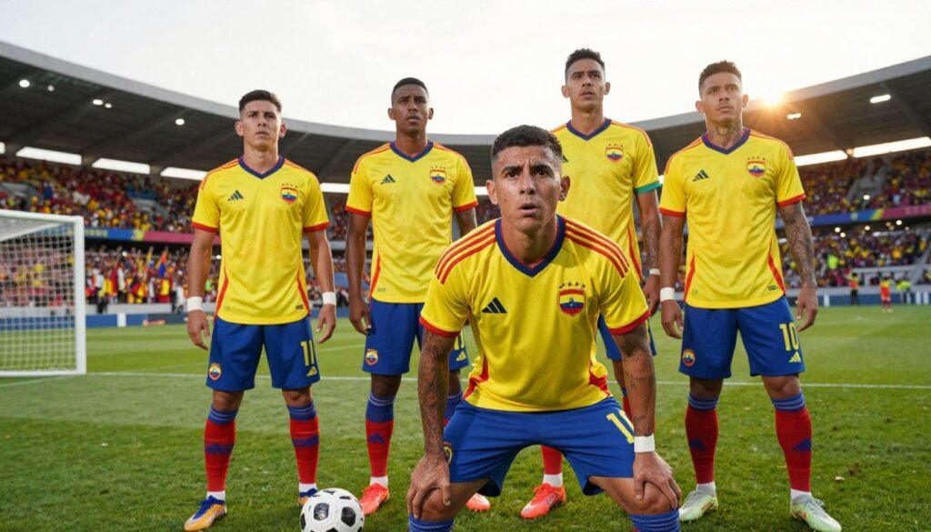 A dynamic depiction of Bolivia's top football stars from the 2020s, showcasing a group of four male players in professional football attire. In the foreground, the athletes display a range of emotions, embodying determination and passion for the game, as they pose with their national team jerseys adorned with the Bolivian flag colors. The middle ground features a football pitch with realistic details, such as goalposts and a soccer ball, while the background hints at a vibrant stadium filled with cheering fans, illuminated by golden sunset lighting. The scene captures the energetic atmosphere of an international match, emphasizing teamwork, skill, and pride in Bolivian football heritage. The angle is slightly elevated, providing a comprehensive view of the athletes and their surroundings. A dynamic depiction of Bolivia's top football stars from the 2020s, showcasing a group of four male players in professional football attire. In the foreground, the athletes display a range of emotions, embodying determination and passion for the game, as they pose with their national team jerseys adorned with the Bolivian flag colors. The middle ground features a football pitch with realistic details, such as goalposts and a soccer ball, while the background hints at a vibrant stadium filled with cheering fans, illuminated by golden sunset lighting. The scene captures the energetic atmosphere of an international match, emphasizing teamwork, skill, and pride in Bolivian football heritage. The angle is slightly elevated, providing a comprehensive view of the athletes and their surroundings.