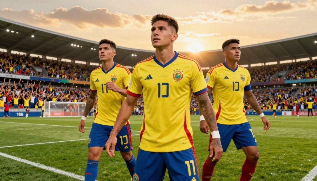 A dynamic portrait featuring Bolivia’s most capped soccer players in a celebratory atmosphere. In the foreground, depict three male players in professional athletic attire, showcasing diverse body types and ethnic backgrounds, symbolizing unity and strength. The middle layer should feature a lush green soccer field with a stadium filled with enthusiastic fans cheering, emphasizing the team's community. In the background, a sunset casts a warm, golden hue over the scene, creating an uplifting and inspiring mood. Capture the players in action, perhaps as they celebrate a goal, exuding passion and leadership. Use a slightly elevated angle to encapsulate both the players and the cheering crowd, with soft, focused lighting highlighting their determined expressions and team spirit.