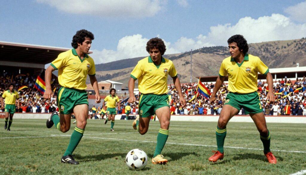 A dynamic portrayal of Bolivia’s greatest soccer players from the 1970s, showcasing iconic figures in mid-action during a vibrant game. In the foreground, three legendary players are depicted in spirited poses, wearing the classic green and yellow kits, demonstrating teamwork and passion. Their expressions embody perseverance and pride, emphasizing their significant impact on national success. In the middle ground, a cheering crowd fills the stadium, waving the Bolivian flag, enhancing the atmosphere of unity and excitement. The background features a stunning Andean landscape under a bright blue sky, representing Bolivia’s rich heritage. Soft, natural lighting casts a warm glow, creating a nostalgic yet uplifting mood. Use a slightly low-angle perspective to emphasize the players' dominance on the field.