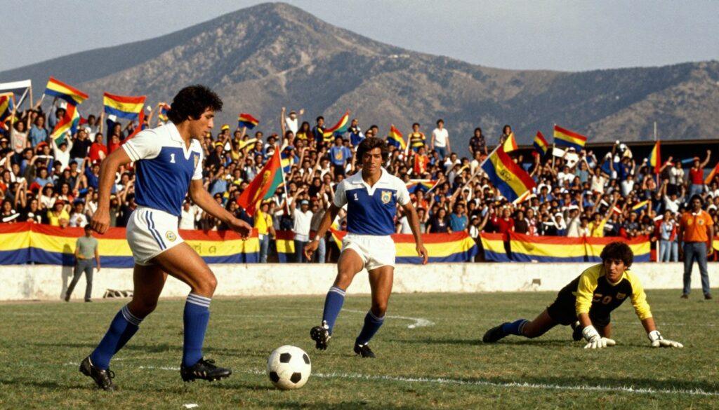 A dynamic scene capturing Bolivia's greatest soccer players of the 1970s in a vibrant stadium filled with cheering fans. In the foreground, three iconic players in professional soccer uniforms — one dribbling the ball, another preparing to pass, and a goalkeeper making a save — express determination and teamwork. The middle ground showcases enthusiastic fans waving flags and banners, their faces filled with passion and pride. The background features elevated mountains typical of Bolivia, symbolizing the country's geography. The lighting is warm, evoking a nostalgic atmosphere of sunny match days. Use a slightly low-angle perspective to enhance the players' heroic stature. The mood reflects both the excitement of the game and the socio-political spirit of Bolivian football in the 1970s, emphasizing unity and resilience. A dynamic scene capturing Bolivia's greatest soccer players of the 1970s in a vibrant stadium filled with cheering fans. In the foreground, three iconic players in professional soccer uniforms — one dribbling the ball, another preparing to pass, and a goalkeeper making a save — express determination and teamwork. The middle ground showcases enthusiastic fans waving flags and banners, their faces filled with passion and pride. The background features elevated mountains typical of Bolivia, symbolizing the country's geography. The lighting is warm, evoking a nostalgic atmosphere of sunny match days. Use a slightly low-angle perspective to enhance the players' heroic stature. The mood reflects both the excitement of the game and the socio-political spirit of Bolivian football in the 1970s, emphasizing unity and resilience.