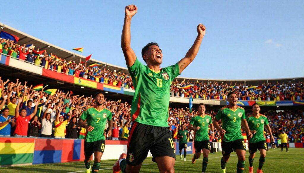 A dynamic scene capturing a historic moment from Bolivia's Copa América journey, featuring a Bolivian national team player in a vibrant green jersey celebrating a goal. The foreground shows the player mid-celebration, arms raised high in triumph, surrounded by a sea of ecstatic fans wearing national colors in a stadium bursting with energy. In the middle ground, fellow teammates rush to congratulate him, their faces glowing with joy and determination. The background displays a colorful crowd waving flags and banners, under a brilliant blue sky lit by warm sunlight, creating an atmosphere of elation and pride. The camera angle is slightly low, emphasizing the height of the celebration while offering a panoramic view of the passionate supporters. A dynamic scene capturing a historic moment from Bolivia's Copa América journey, featuring a Bolivian national team player in a vibrant green jersey celebrating a goal. The foreground shows the player mid-celebration, arms raised high in triumph, surrounded by a sea of ecstatic fans wearing national colors in a stadium bursting with energy. In the middle ground, fellow teammates rush to congratulate him, their faces glowing with joy and determination. The background displays a colorful crowd waving flags and banners, under a brilliant blue sky lit by warm sunlight, creating an atmosphere of elation and pride. The camera angle is slightly low, emphasizing the height of the celebration while offering a panoramic view of the passionate supporters.