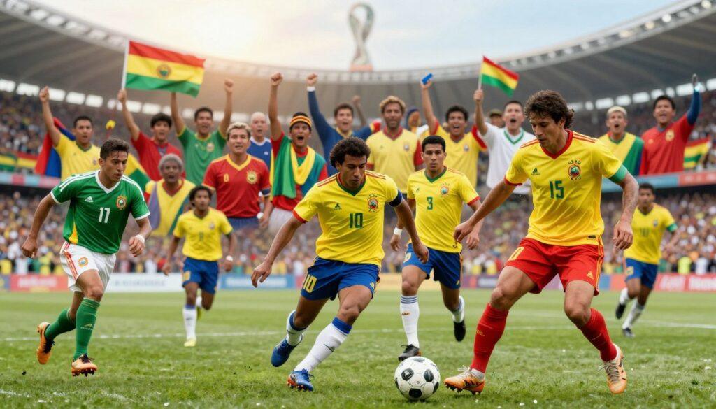 A dynamic scene capturing the essence of Bolivia's football history at the World Cup, featuring a collage of iconic players in action on the field. In the foreground, athletes dressed in Bolivia's national team colors—green, yellow, and red—displaying intense determination as they dribble and pass the ball. The middle layer showcases a cheering crowd of diverse fans, waving flags and wearing jerseys, encapsulating the nation's spirit and pride. The background features an abstract representation of famous World Cup stadiums, blurred to emphasize the players. Soft sunlight illuminates the scene, creating an inspiring and energetic atmosphere. The angle is slightly elevated, providing a broader view of the field, enhancing the sense of dynamism and excitement in this historical moment. A dynamic scene capturing the essence of Bolivia's football history at the World Cup, featuring a collage of iconic players in action on the field. In the foreground, athletes dressed in Bolivia's national team colors—green, yellow, and red—displaying intense determination as they dribble and pass the ball. The middle layer showcases a cheering crowd of diverse fans, waving flags and wearing jerseys, encapsulating the nation's spirit and pride. The background features an abstract representation of famous World Cup stadiums, blurred to emphasize the players. Soft sunlight illuminates the scene, creating an inspiring and energetic atmosphere. The angle is slightly elevated, providing a broader view of the field, enhancing the sense of dynamism and excitement in this historical moment.