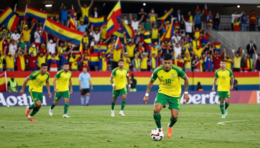 A dynamic scene capturing the intensity of Bolivia's World Cup qualifiers, featuring a vibrant football stadium filled with passionate supporters waving Bolivia's national flags. In the foreground, a Bolivian football player, clad in the team's green and yellow jersey, is seen dribbling the ball skillfully, embodying determination and focus. In the middle ground, teammates and opponents are engaged in an exciting play, showcasing athleticism and teamwork. The background is a colorful crowd, with fans dressed in spirited attire, cheering and celebrating. Soft warm lighting enhances the atmosphere, creating a sense of optimism and excitement. The angle is slightly elevated, providing a sweeping view of the action and the fervent fans, encapsulating the pride and history of Bolivian football in this crucial moment. A dynamic scene capturing the intensity of Bolivia's World Cup qualifiers, featuring a vibrant football stadium filled with passionate supporters waving Bolivia's national flags. In the foreground, a Bolivian football player, clad in the team's green and yellow jersey, is seen dribbling the ball skillfully, embodying determination and focus. In the middle ground, teammates and opponents are engaged in an exciting play, showcasing athleticism and teamwork. The background is a colorful crowd, with fans dressed in spirited attire, cheering and celebrating. Soft warm lighting enhances the atmosphere, creating a sense of optimism and excitement. The angle is slightly elevated, providing a sweeping view of the action and the fervent fans, encapsulating the pride and history of Bolivian football in this crucial moment.