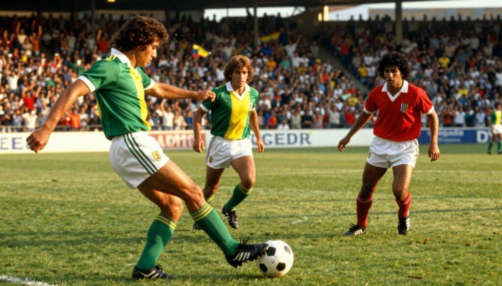 A dynamic scene showcasing the legendary Bolivian football players of the 1980s, featuring three iconic athletes in action poses on a lush green football field. The foreground highlights a determined striker, wearing a classic green and yellow jersey, mid-kick, demonstrating athleticism and intensity. In the middle ground, a skilled midfield maestro orchestrates the play, showcasing agility and finesse, while a strong defender positions himself for a critical block. The background features a cheering stadium crowd, illuminated by warm golden hour sunlight casting dramatic shadows. The atmosphere is electric, filled with passion and nostalgia, capturing the essence of a defining era in Bolivian football history. The image should be vibrant, evoking a sense of pride and excitement, in a slightly wide-angle perspective to encompass the action and emotion of the moment. A dynamic scene showcasing the legendary Bolivian football players of the 1980s, featuring three iconic athletes in action poses on a lush green football field. The foreground highlights a determined striker, wearing a classic green and yellow jersey, mid-kick, demonstrating athleticism and intensity. In the middle ground, a skilled midfield maestro orchestrates the play, showcasing agility and finesse, while a strong defender positions himself for a critical block. The background features a cheering stadium crowd, illuminated by warm golden hour sunlight casting dramatic shadows. The atmosphere is electric, filled with passion and nostalgia, capturing the essence of a defining era in Bolivian football history. The image should be vibrant, evoking a sense of pride and excitement, in a slightly wide-angle perspective to encompass the action and emotion of the moment.
