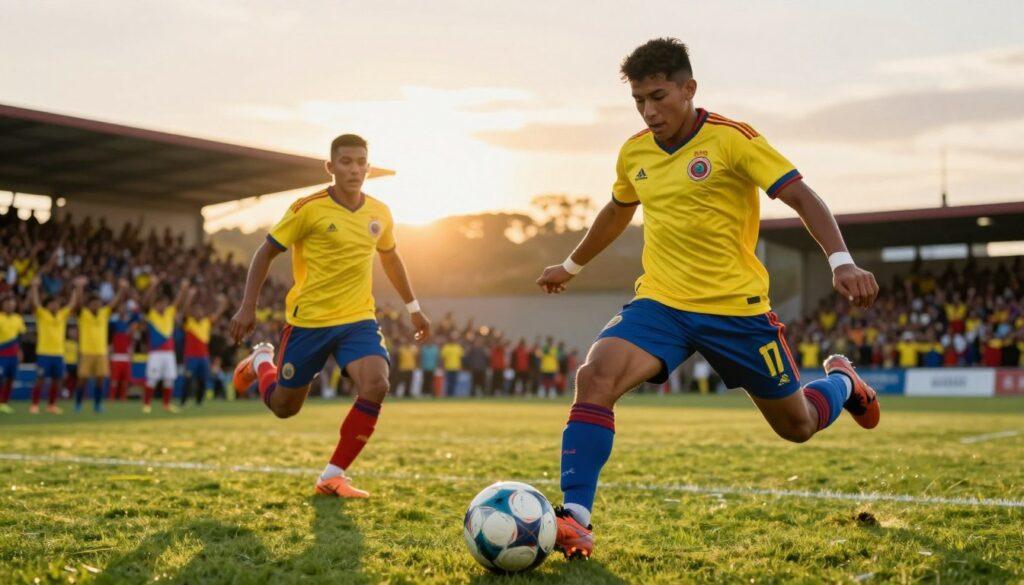 A dynamic scene showcasing the top scorers in Bolivian soccer history, featuring three legendary players in action on a vibrant soccer field. In the foreground, one player is elegantly dribbling the ball, wearing a traditional Bolivian national team jersey, showcasing determination and skill. The middle ground features a second player poised to take a shot, with their intense focus captured in their expression. A cheering crowd in the background, adorned with Bolivia's national colors, creates an energetic atmosphere. The sun sets, casting a warm golden light over the field, accentuating the players' movements and the excitement of the game. Capture the intensity of competition and the camaraderie of soccer, framed with a wide-angle lens for dramatic effect. A dynamic scene showcasing the top scorers in Bolivian soccer history, featuring three legendary players in action on a vibrant soccer field. In the foreground, one player is elegantly dribbling the ball, wearing a traditional Bolivian national team jersey, showcasing determination and skill. The middle ground features a second player poised to take a shot, with their intense focus captured in their expression. A cheering crowd in the background, adorned with Bolivia's national colors, creates an energetic atmosphere. The sun sets, casting a warm golden light over the field, accentuating the players' movements and the excitement of the game. Capture the intensity of competition and the camaraderie of soccer, framed with a wide-angle lens for dramatic effect.