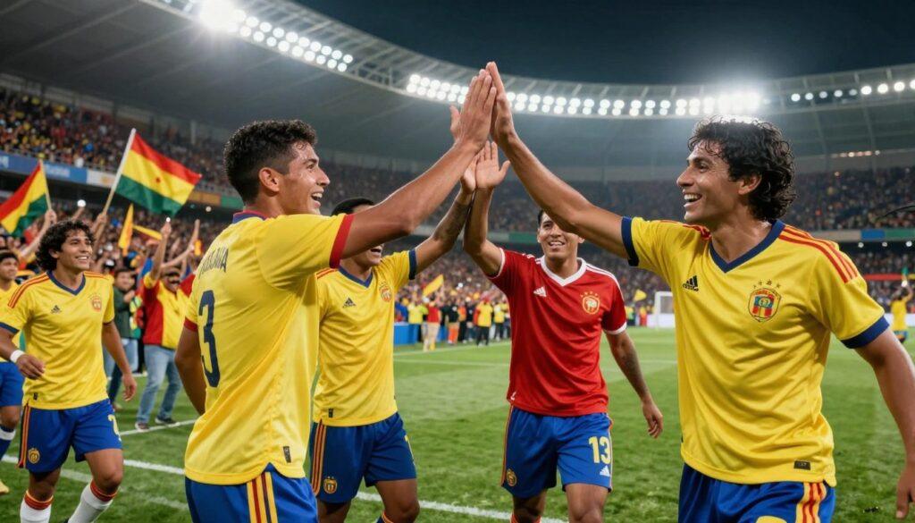 A dynamic soccer scene capturing the essence of Bolivian soccer legends as they celebrate a goal. In the foreground, a jubilant group of four players, clad in colorful soccer kits representing iconic Bolivian teams, high-five each other, their faces illuminated with joy and determination. In the middle ground, a cheering crowd waves flags and creates a vibrant atmosphere, conveying the passion of the fans. The background features a lively soccer stadium, with bright floodlights casting a warm glow over the field, enhancing the festive mood. The scene is shot from a low angle, emphasizing the players' expressions and the energy of the celebration, evoking nostalgia and pride in Bolivian soccer history. A dynamic soccer scene capturing the essence of Bolivian soccer legends as they celebrate a goal. In the foreground, a jubilant group of four players, clad in colorful soccer kits representing iconic Bolivian teams, high-five each other, their faces illuminated with joy and determination. In the middle ground, a cheering crowd waves flags and creates a vibrant atmosphere, conveying the passion of the fans. The background features a lively soccer stadium, with bright floodlights casting a warm glow over the field, enhancing the festive mood. The scene is shot from a low angle, emphasizing the players' expressions and the energy of the celebration, evoking nostalgia and pride in Bolivian soccer history.