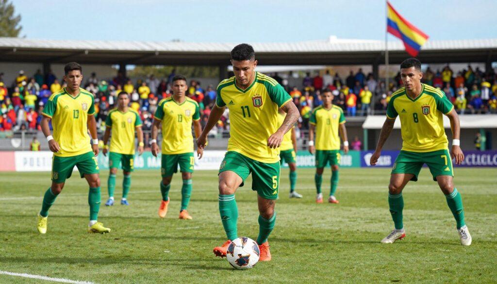 A group of Bolivian soccer players showcasing their tactical prowess on a vibrant green football field. In the foreground, three standout players are prominently featured: one dribbling skillfully with the ball, another preparing to make a strategic pass, and the third focusing intently on the play, all dressed in their traditional green and yellow jerseys. In the middle ground, teammates can be seen engaging in various positions, demonstrating teamwork and strategy. The background features a cheering crowd, with the Bolivian flag waving proudly, under a clear blue sky providing natural daylight. The scene exudes an atmosphere of excitement and camaraderie, encapsulating the spirit of soccer in Bolivia, captured from a slightly elevated angle to enhance the action. A group of Bolivian soccer players showcasing their tactical prowess on a vibrant green football field. In the foreground, three standout players are prominently featured: one dribbling skillfully with the ball, another preparing to make a strategic pass, and the third focusing intently on the play, all dressed in their traditional green and yellow jerseys. In the middle ground, teammates can be seen engaging in various positions, demonstrating teamwork and strategy. The background features a cheering crowd, with the Bolivian flag waving proudly, under a clear blue sky providing natural daylight. The scene exudes an atmosphere of excitement and camaraderie, encapsulating the spirit of soccer in Bolivia, captured from a slightly elevated angle to enhance the action.