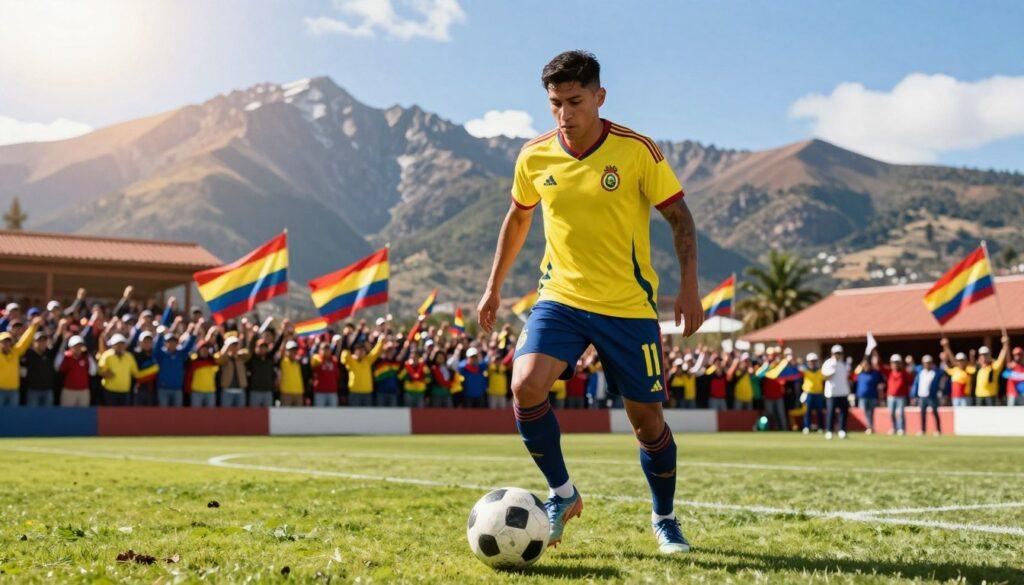 A professional football player in Bolivia, wearing a national team jersey, standing proudly on a vibrant green pitch. In the foreground, the athlete is shown in mid-action, dribbling a soccer ball with determination. The middle ground features a cheering crowd, filled with passionate fans waving Bolivian flags, encapsulating a sense of national pride and unity. In the background, majestic Andean mountains rise under a bright blue sky, symbolizing Bolivia's rich heritage. The lighting is warm and luminous, creating an inspiring and motivational atmosphere, as if capturing a moment of triumph. The angle is dynamic, slightly low to emphasize the player's stature and leadership within the game, without any text, watermarks, or distractions.