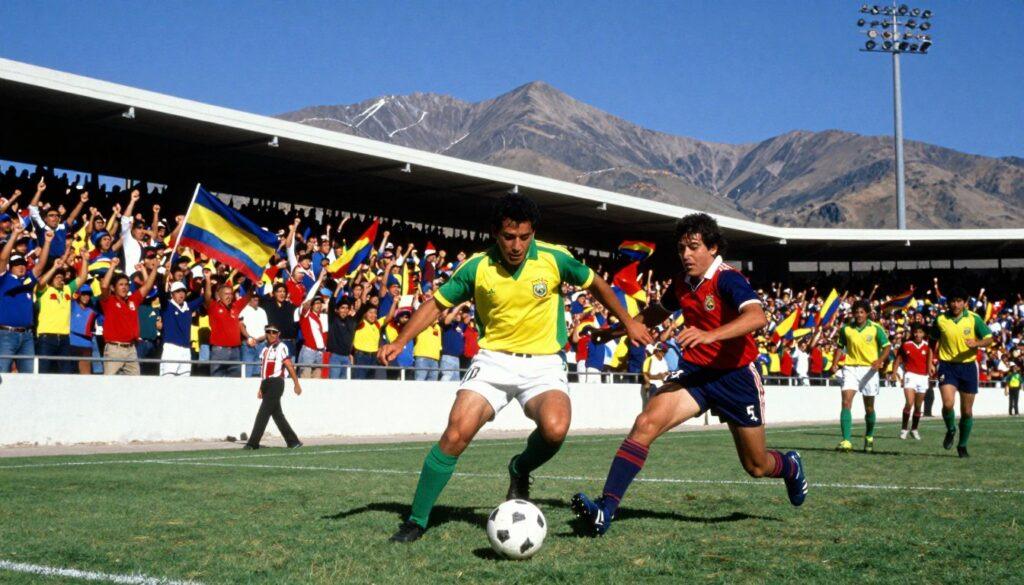 A vibrant scene capturing the essence of 1990s Bolivian football, featuring a lively football match in an equipped stadium filled with enthusiastic fans. In the foreground, two players are engaged in a dynamic play: one in a green and yellow jersey, representing Bolivia, skillfully dribbling the ball, while the other attempts a tackle in a contrasting colored uniform. The middle ground showcases cheering supporters waving flags and wearing iconic 90s football attire, exuding passion and excitement. In the background, the Andes mountains under a clear blue sky frame the stadium, symbolizing Bolivia's rich culture. The lighting is bright and dramatic, evoking a sense of energy and anticipation, while the angle captures both players and the electrifying atmosphere. The overall mood is one of determination, pride, and nostalgia for a golden era of Bolivian football. A vibrant scene capturing the essence of 1990s Bolivian football, featuring a lively football match in an equipped stadium filled with enthusiastic fans. In the foreground, two players are engaged in a dynamic play: one in a green and yellow jersey, representing Bolivia, skillfully dribbling the ball, while the other attempts a tackle in a contrasting colored uniform. The middle ground showcases cheering supporters waving flags and wearing iconic 90s football attire, exuding passion and excitement. In the background, the Andes mountains under a clear blue sky frame the stadium, symbolizing Bolivia's rich culture. The lighting is bright and dramatic, evoking a sense of energy and anticipation, while the angle captures both players and the electrifying atmosphere. The overall mood is one of determination, pride, and nostalgia for a golden era of Bolivian football.