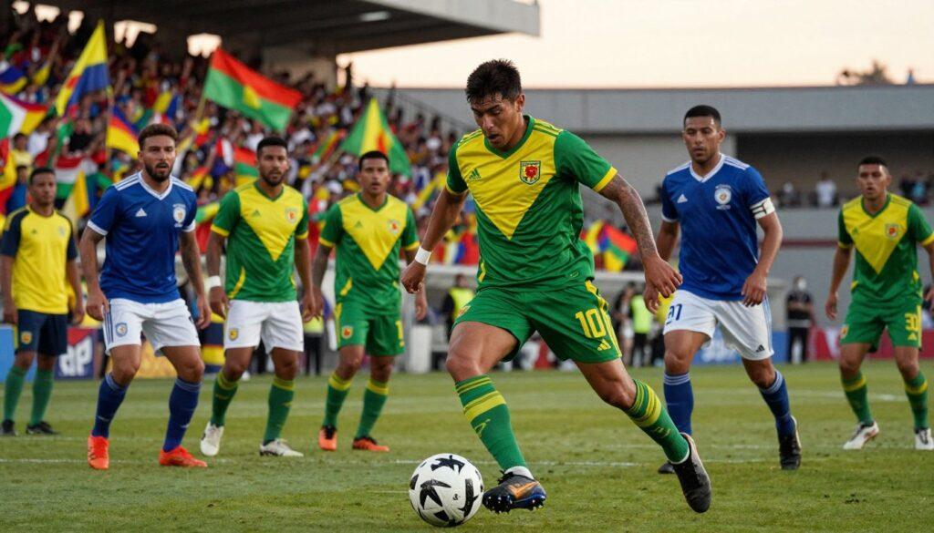 A vibrant scene capturing the intensity of a historic Copa América game, featuring a Bolivian soccer player in a dynamic mid-action pose, skillfully dribbling the ball past opposing defenders. The player should be in a green and yellow jersey, surrounded by a backdrop of passionate fans waving flags, creating a lively atmosphere. In the middle ground, teammates look on, showcasing diverse expressions of determination and strategy. In the background, a packed stadium under warm, sunset lighting highlights the electric mood. The angle is slightly low, emphasizing the player’s athleticism, with focused lighting to enhance the details of the jersey and the emotion on the faces of the players and fans. The image should evoke excitement, pride, and historical significance. A vibrant scene capturing the intensity of a historic Copa América game, featuring a Bolivian soccer player in a dynamic mid-action pose, skillfully dribbling the ball past opposing defenders. The player should be in a green and yellow jersey, surrounded by a backdrop of passionate fans waving flags, creating a lively atmosphere. In the middle ground, teammates look on, showcasing diverse expressions of determination and strategy. In the background, a packed stadium under warm, sunset lighting highlights the electric mood. The angle is slightly low, emphasizing the player’s athleticism, with focused lighting to enhance the details of the jersey and the emotion on the faces of the players and fans. The image should evoke excitement, pride, and historical significance.