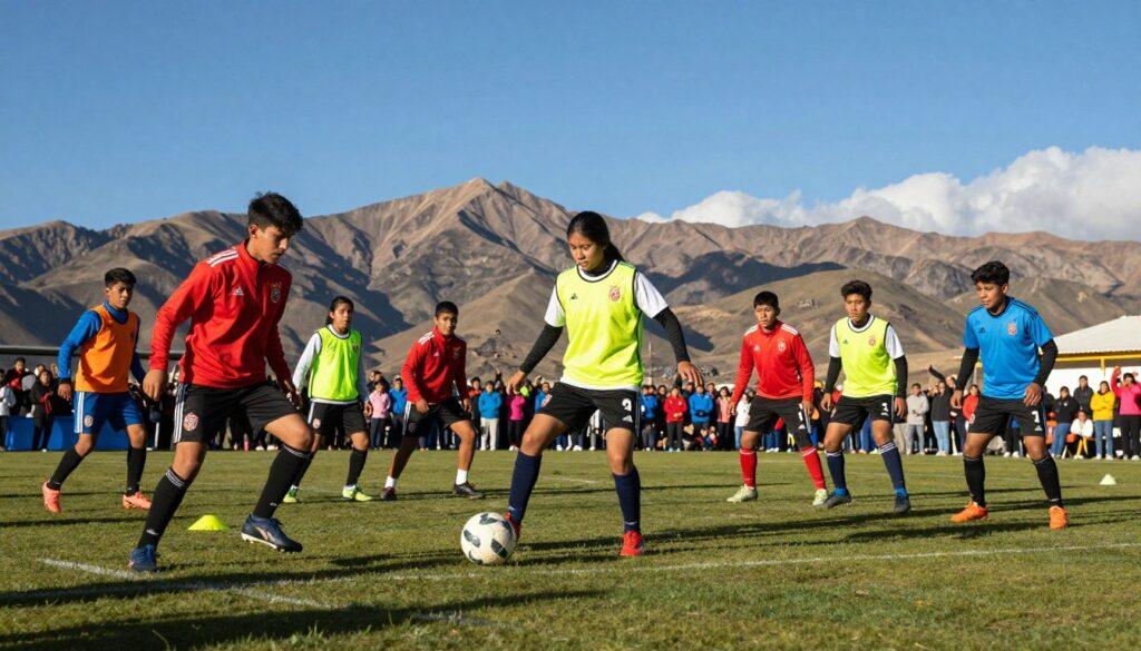 A vibrant scene depicting Bolivian youth athletes in action, highlighting their potential and talent. In the foreground, a diverse group of young players, both male and female, dressed in professional sports attire, are engaged in training, showcasing their skills with determination and enthusiasm. The middle ground features a colorful soccer field with a cheering crowd, symbolizing the support for these rising stars. In the background, the picturesque Andean mountains under a bright blue sky serve as a stunning backdrop, representing Bolivia's rich culture and landscape. The lighting is warm and dynamic, capturing a sense of hope and ambition, with a slight low-angle perspective to emphasize the youth's energy and drive in their pursuit of greatness. A vibrant scene depicting Bolivian youth athletes in action, highlighting their potential and talent. In the foreground, a diverse group of young players, both male and female, dressed in professional sports attire, are engaged in training, showcasing their skills with determination and enthusiasm. The middle ground features a colorful soccer field with a cheering crowd, symbolizing the support for these rising stars. In the background, the picturesque Andean mountains under a bright blue sky serve as a stunning backdrop, representing Bolivia's rich culture and landscape. The lighting is warm and dynamic, capturing a sense of hope and ambition, with a slight low-angle perspective to emphasize the youth's energy and drive in their pursuit of greatness.