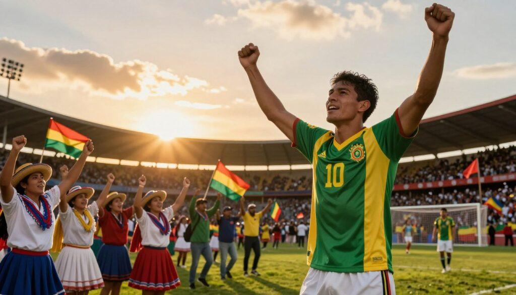 A vibrant scene depicting Bolivia’s historic soccer milestones, showcasing a legendary match moment. In the foreground, a Bolivian soccer player in a classic green and gold jersey, celebrating a goal with arms raised in triumph, showcasing determination and joy. The middle ground features a dynamic crowd of passionate fans wearing traditional Bolivian attire, waving flags, and creating an electric atmosphere. In the background, an iconic Bolivian stadium framed by a sunset, casting warm golden light over the scene, highlighting the excitement of the moment. The angle captures a slight low perspective, emphasizing the intensity and energy of the game. The overall mood is one of pride and nostalgia, celebrating a legacy that continues to inspire. A vibrant scene depicting Bolivia’s historic soccer milestones, showcasing a legendary match moment. In the foreground, a Bolivian soccer player in a classic green and gold jersey, celebrating a goal with arms raised in triumph, showcasing determination and joy. The middle ground features a dynamic crowd of passionate fans wearing traditional Bolivian attire, waving flags, and creating an electric atmosphere. In the background, an iconic Bolivian stadium framed by a sunset, casting warm golden light over the scene, highlighting the excitement of the moment. The angle captures a slight low perspective, emphasizing the intensity and energy of the game. The overall mood is one of pride and nostalgia, celebrating a legacy that continues to inspire.