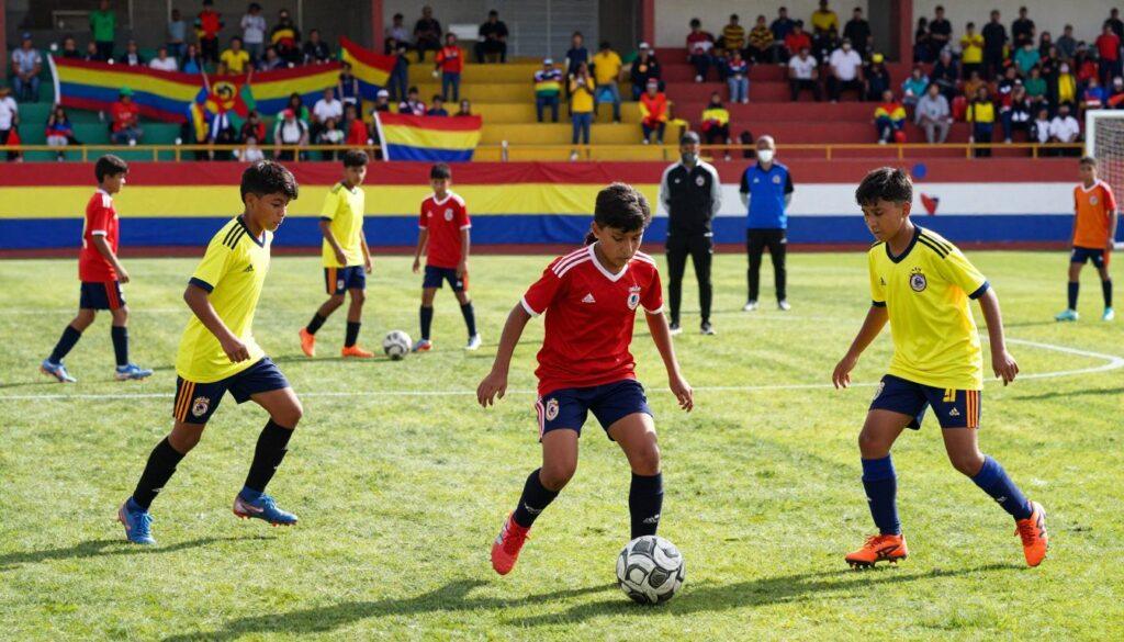 A vibrant soccer field filled with young players from Bolivia showcasing their skills. In the foreground, a diverse group of three young athletes, two males and one female, dribbling a soccer ball, dressed in professional team jerseys and shorts, emphasizing their concentration and determination. In the middle ground, other players engage in friendly practice, passing the ball, and demonstrating teamwork, while coaches offer guidance. The background features colorful stands filled with enthusiastic fans, waving flags and banners, creating an electrifying atmosphere. The image is illuminated by bright sunlight, casting dynamic shadows on the field, capturing the excitement and hope surrounding emerging talent in Bolivian soccer. The angle is slightly low, emphasizing the players' agility and potential. A vibrant soccer field filled with young players from Bolivia showcasing their skills. In the foreground, a diverse group of three young athletes, two males and one female, dribbling a soccer ball, dressed in professional team jerseys and shorts, emphasizing their concentration and determination. In the middle ground, other players engage in friendly practice, passing the ball, and demonstrating teamwork, while coaches offer guidance. The background features colorful stands filled with enthusiastic fans, waving flags and banners, creating an electrifying atmosphere. The image is illuminated by bright sunlight, casting dynamic shadows on the field, capturing the excitement and hope surrounding emerging talent in Bolivian soccer. The angle is slightly low, emphasizing the players' agility and potential.
