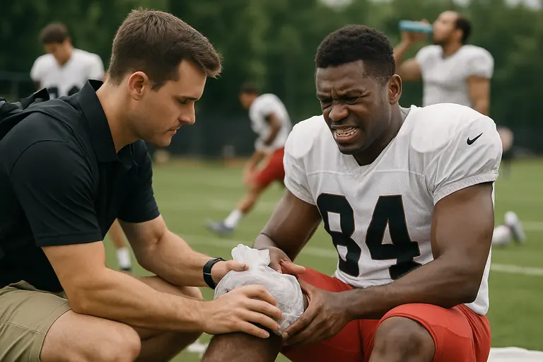 Athletic trainers and coaches observe players during a padded football practice