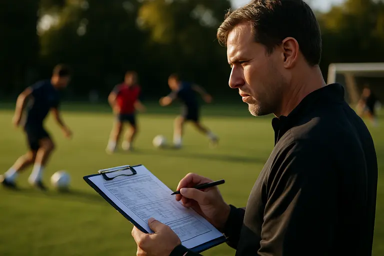 Coach observing players during a professional soccer training session
