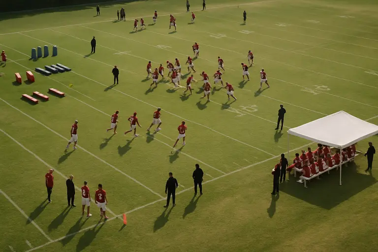 Coaches and players meet in a bright football classroom with turf flooring