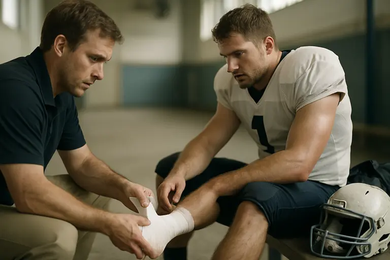Coaches review a practice roster while players stretch nearby