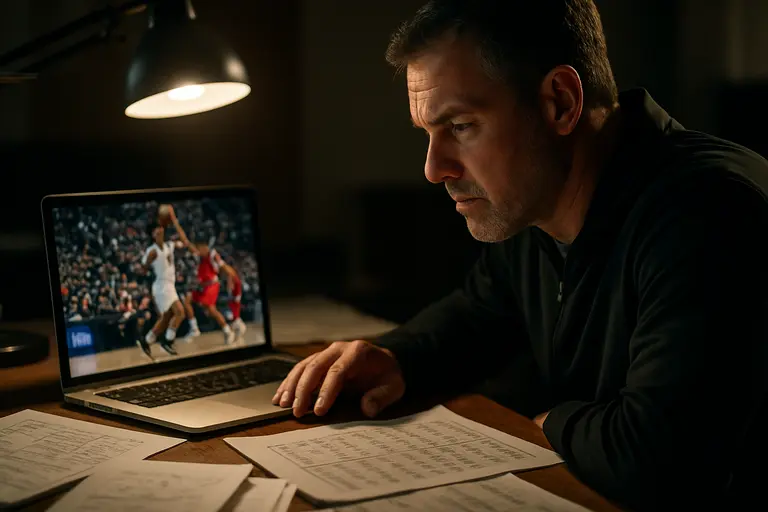 Coaching staff reviews a practice plan with players standing near midcourt