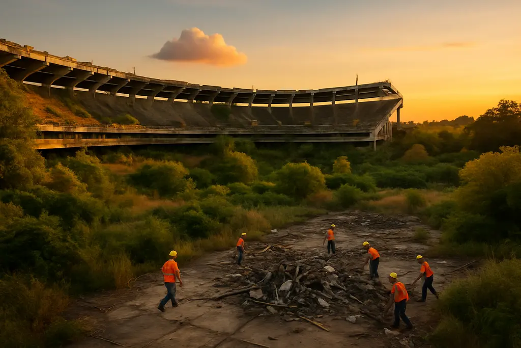 Commanders Stadium concept area at the RFK site with construction fencing and city streets nearby