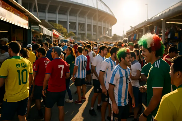 Stadium concourse with supporters arriving before a soccer match