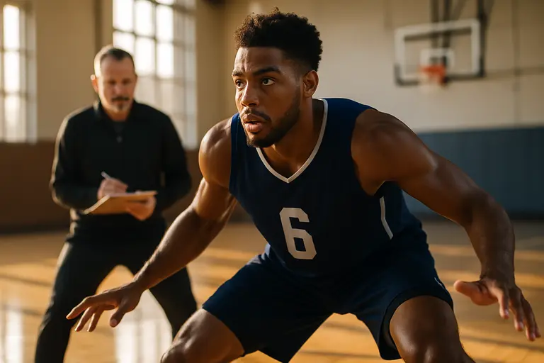 Wing defenders matching up during a competitive basketball practice