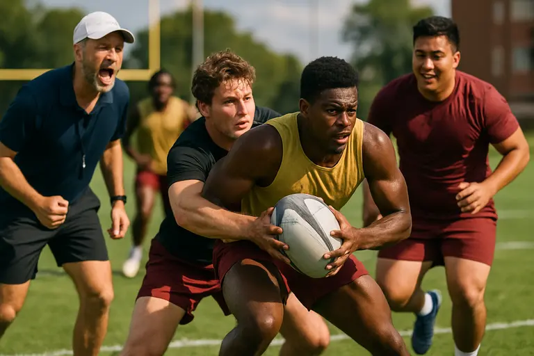 Young rugby players practicing passing drills on a grass field