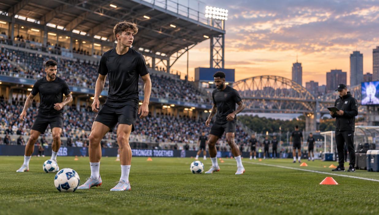 Cinematic Stadium Soccer Warmup at Dusk
