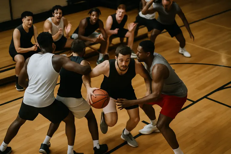 Basketball guards and forwards space the floor during a structured practice play