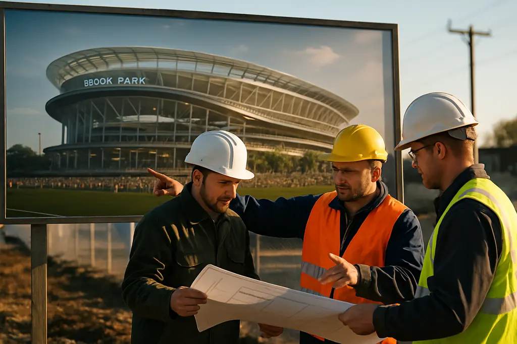 Brook Park stadium site with construction equipment near airport access roads