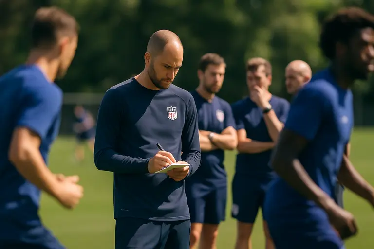 USMNT players listening to coaching instructions during a training session