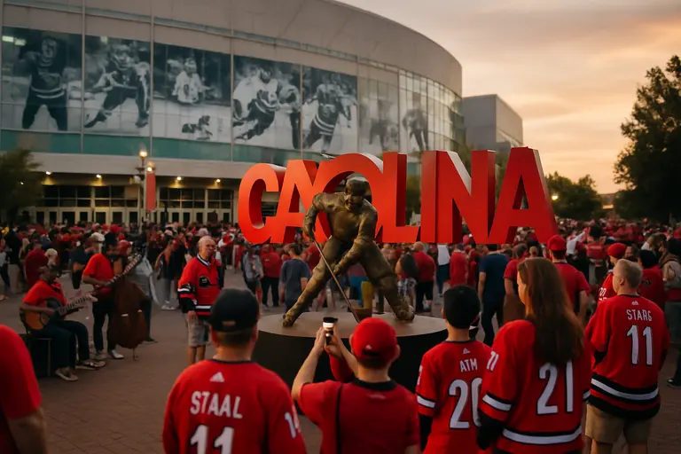 Arena exterior plaza with fans arriving before a hockey game