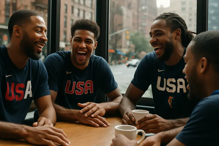 USA basketball group huddles near the sideline before returning to play