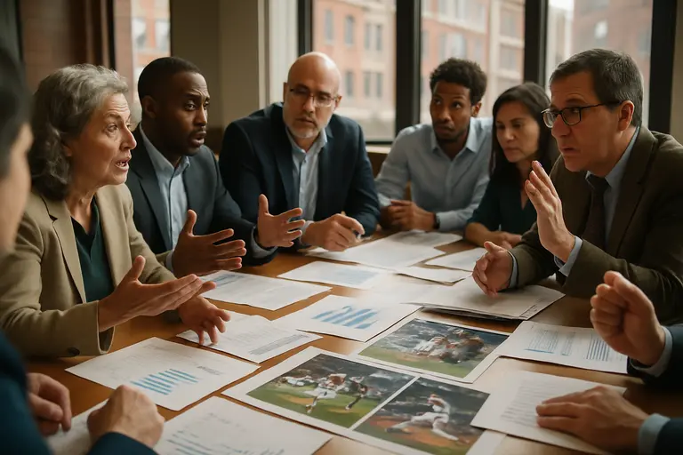 City meeting room with officials reviewing sports facility plans