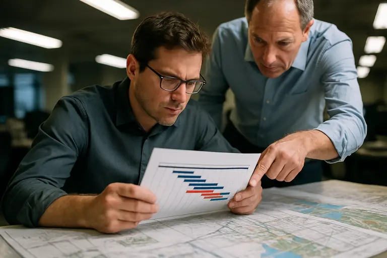 Construction planners studying drawings at an urban job site
