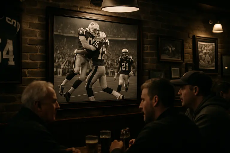 Historic football memorabilia displayed near a contemporary training room