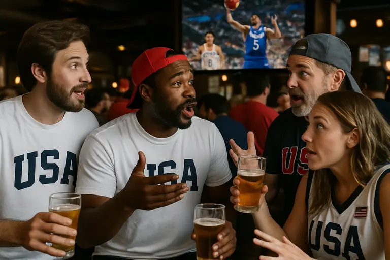 International basketball game scene with players setting up in half court