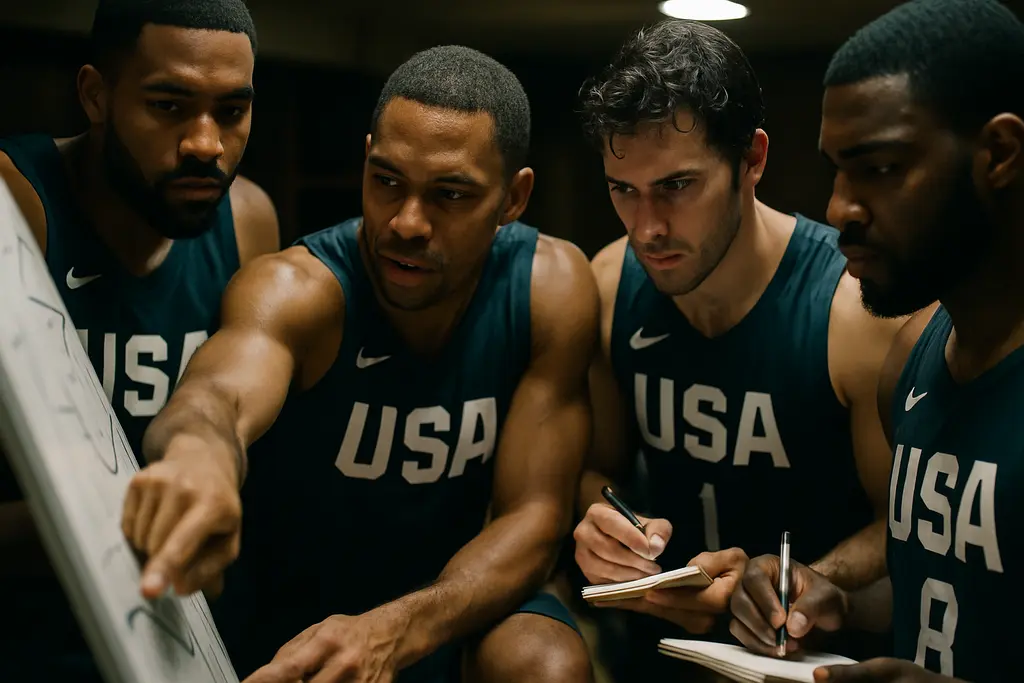 Team USA Path qualifying huddle before an international basketball game