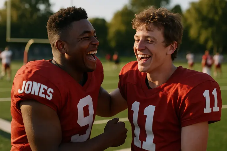 Three defensive backs communicating before a practice snap