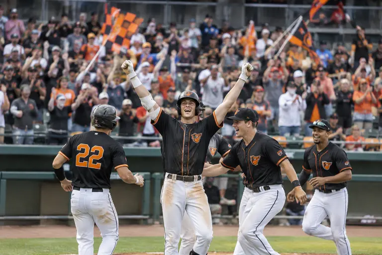 Baseball players celebrating on the field after a successful minor league game