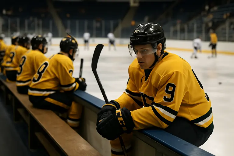 College hockey arena benches during a quiet pregame warmup