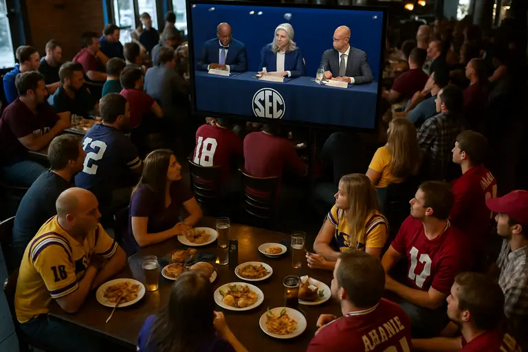 Conference executives seated in a boardroom during an athletics policy discussion