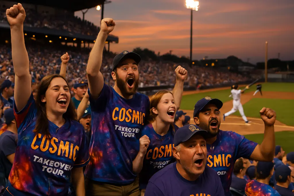 Cosmic Takeover Tour crowd watching a neon baseball event under stadium lights
