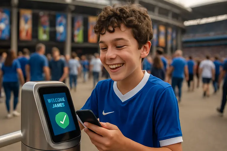 Fans entering a stadium through digital ticketing gates before a game