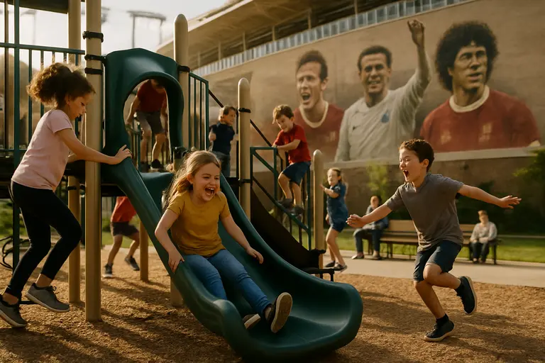 Fans walking past restaurants and public plazas outside a football stadium district