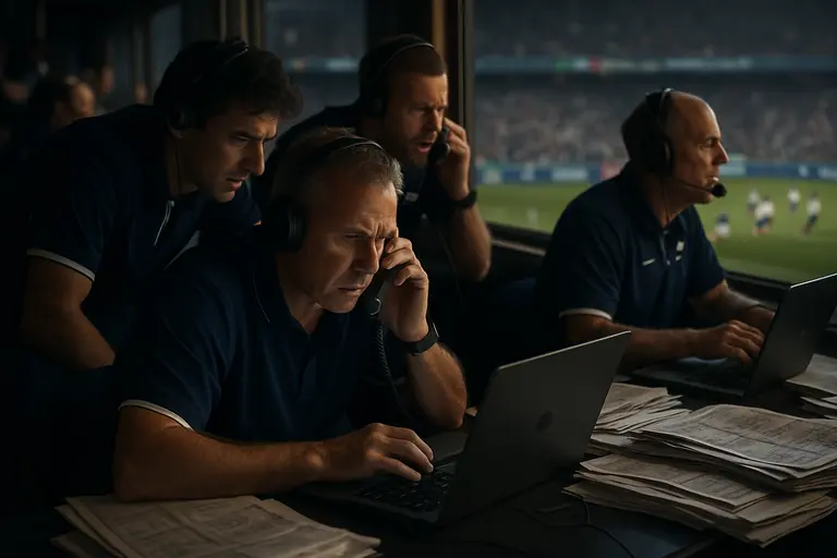 Football players warm up under stadium lights after long-distance travel