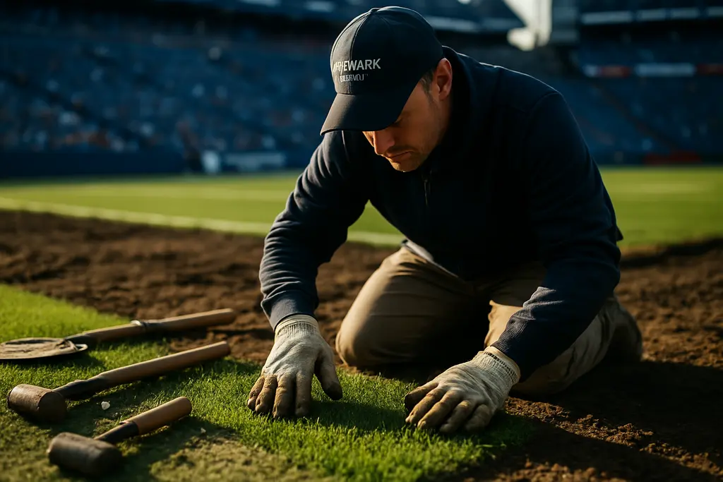 Highmark Stadium Grass during a football field inspection after sod damage