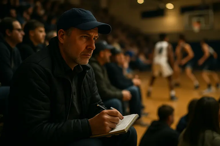 Scout studies basketball game notes with possession charts nearby