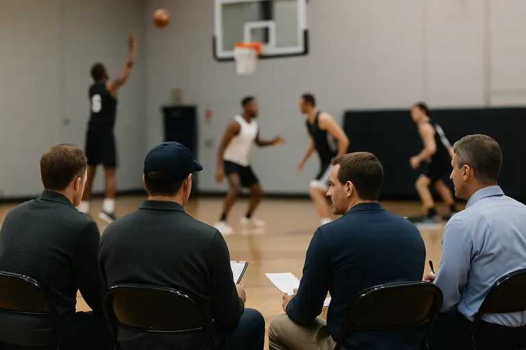 Scouting staff watching players run shooting and defensive drills